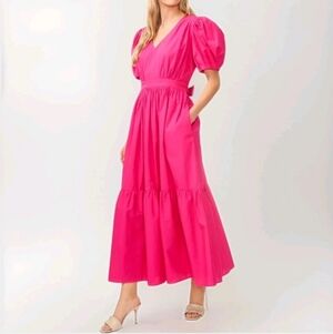 Cece Poplin Tiered Puff Sleeve Ruffled Long Dress Women's Pink Size L Cotton